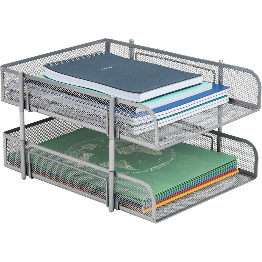 image:imageMind Reader Stackable Paper Tray Desktop Organizer File Storage Office Metal Mesh 2 Pcs PinkSilver