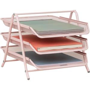 Mind Reader 3-Tier Paper Tray, Desktop Organizer, File Storage, Workspace, Office, Metal Mesh, 11.75″ L x 13.75″ W x 10″ H, Pink