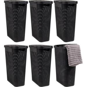 Mind Reader 40L Slim Laundry Hamper, Clothes Basket, Lid, Wicker Design, Plastic, 18″L x 10.4″W x 23.5″H, Set of 6, Black