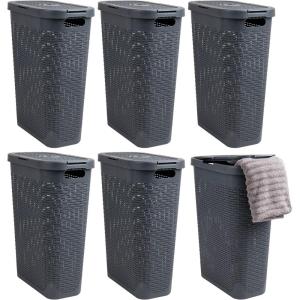 Mind Reader 40L Slim Laundry Hamper, Clothes Basket, Lid, Wicker Design, Plastic, 18″L x 10.4″W x 23.5″H, Set of 6, Gray