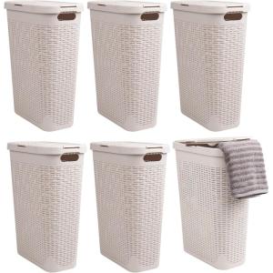Mind Reader 40L Slim Laundry Hamper, Clothes Basket, Lid, Wicker Design, Plastic, 18″L x 10.4″W x 23.5″H, Set of 6, Ivory