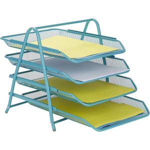 Mind Reader 4-Tier Paper Tray, Desktop Organizer, File Storage, Workspace, Office, Metal Mesh, 11.75″ L x 13.75″ W x 12.5″ H, Pink(Turquoise)