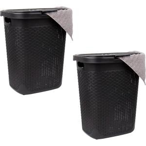 Mind Reader 50L Slim Laundry Hamper, Clothes Basket, Lid, Wicker Design, Plastic, 17.65″L x 13.75″W x 21″H, Blue(Black)