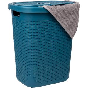 Mind Reader 50L Slim Laundry Hamper, Clothes Basket, Lid, Wicker Design, Plastic, 17.65″L x 13.75″W x 21″H, Blue(Blue)
