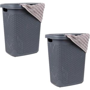 Mind Reader 50L Slim Laundry Hamper, Clothes Basket, Lid, Wicker Design, Plastic, 17.65″L x 13.75″W x 21″H, Blue(Gray)