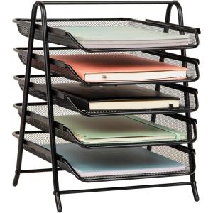 Mind Reader 5-Tier Paper Tray Organizer with Multicolor Trays, Classroom File Organizer for Teachers, Metal Mesh, Assorted Colors(Black)
