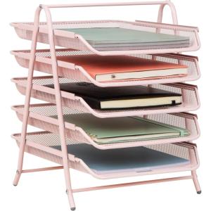 Mind Reader 5-Tier Paper Tray Organizer with Multicolor Trays, Classroom File Organizer for Teachers, Metal Mesh, Assorted Colors(Pink)