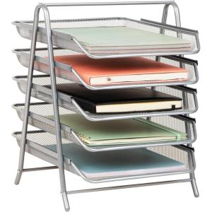 Mind Reader 5-Tier Paper Tray Organizer with Multicolor Trays, Classroom File Organizer for Teachers, Metal Mesh, Assorted Colors(Silver)