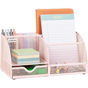 Mind Reader 7-Compartment Desktop Organizer, File & Accessory Storage, Metal Mesh Office Organizer for Desk, Workspace, Mail, Pink(Pink)