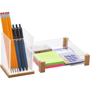 Mind Reader Catch All Tray and Pen Cup Set, Office, Acrylic, 6.75″L x 6.75″W x 1.5″H, 2 Pcs., Brown(Catch All Tray and Pen Cup)