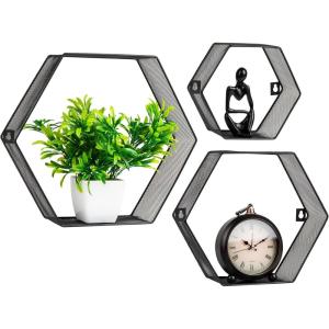 Mind Reader Hexagon Floating Shelves, Wall Decor, Honeycomb Accent Shelf, Office, Metal Mesh, 14″ L x 4″ W x 12″ H, Set of 3, Black(Black)