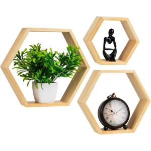 Mind Reader Hexagon Floating Shelves, Wall Decor, Honeycomb Accent Shelf, Office, Metal Mesh, 14″ L x 4″ W x 12″ H, Set of 3, Black(Brown)
