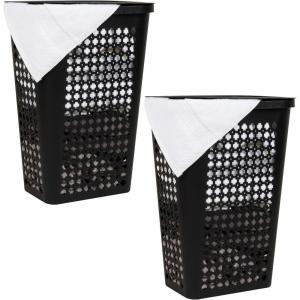Mind Reader Slim Tapered Laundry Hampers with Lid, Clothes Basket with Swiss Cross Cut-Outs, Lightweight & Ventilated, Plastic, Set of 2, Black