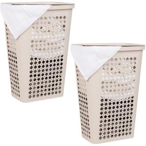 Mind Reader Slim Tapered Laundry Hampers with Lid, Clothes Basket with Swiss Cross Cut-Outs, Lightweight & Ventilated, Plastic, Set of 2, Ivory