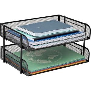 Mind Reader Stackable Paper Tray, Desktop Organizer, File Storage, Office, Metal Mesh, 13.5″ L x 10″ W x 7.25″ H, 2 Pcs., White(Black)