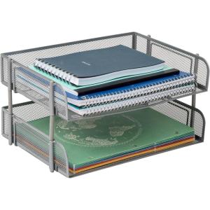 Mind Reader Stackable Paper Tray, Desktop Organizer, File Storage, Office, Metal Mesh, 13.5″ L x 10″ W x 7.25″ H, 2 Pcs., White(Silver)