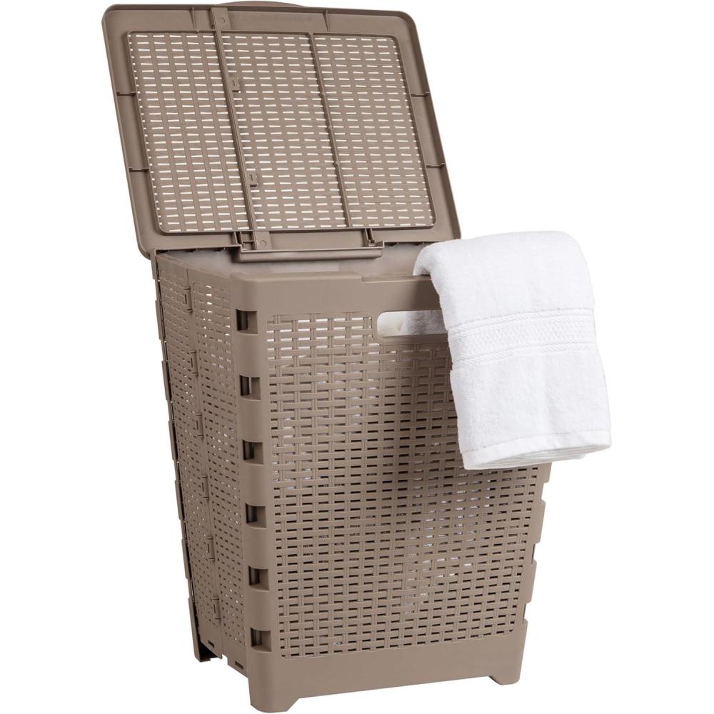 image:imageMind Reader 61L Foldable Laundry Hamper Clothes Basket Lid Wicker Design Plastic 18L x 145W x 2125H BlackTan