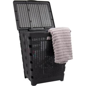 Mind Reader 61L Foldable Laundry Hamper, Clothes Basket, Lid, Wicker Design, Plastic, 18″L x 14.5″W x 21.25″H, Black(Black)