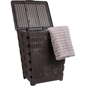 Mind Reader 61L Foldable Laundry Hamper, Clothes Basket, Lid, Wicker Design, Plastic, 18″L x 14.5″W x 21.25″H, Black(Brown)