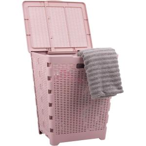 Mind Reader 61L Foldable Laundry Hamper, Clothes Basket, Lid, Wicker Design, Plastic, 18″L x 14.5″W x 21.25″H, Black(Pink)