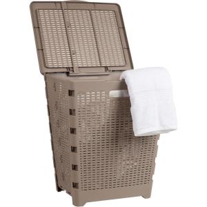 Mind Reader 61L Foldable Laundry Hamper, Clothes Basket, Lid, Wicker Design, Plastic, 18″L x 14.5″W x 21.25″H, Black(Tan)