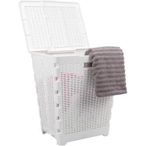 Mind Reader 61L Foldable Laundry Hamper, Clothes Basket, Lid, Wicker Design, Plastic, 18″L x 14.5″W x 21.25″H, Black(White)