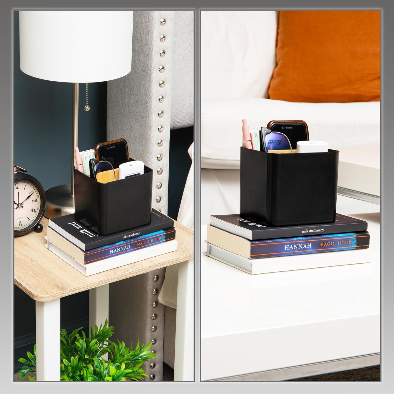 image:imageMind Reader 2Compartment Desktop Organizer Removable Wood Divider NonSlip Base Plastic and Wood BlackBlack