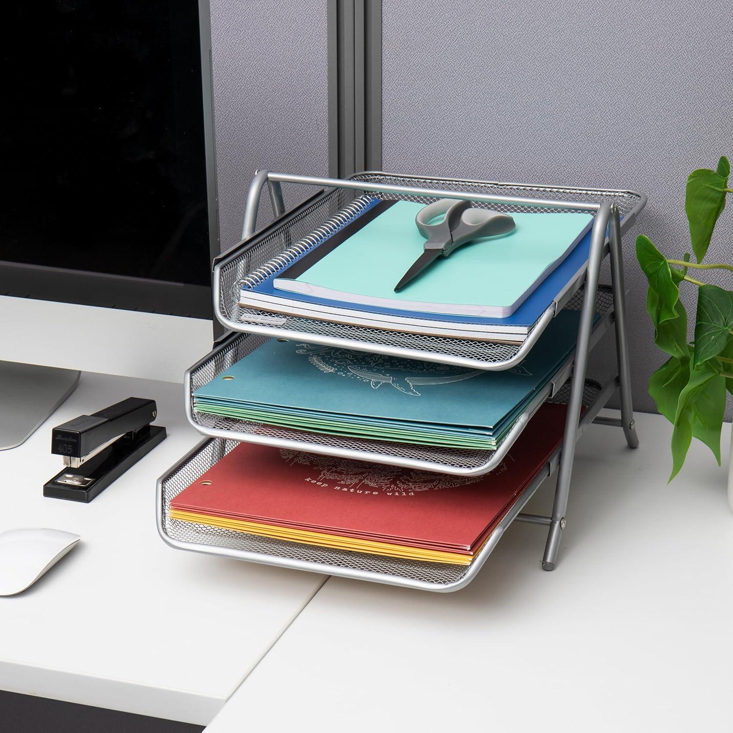 image:imageMind Reader 3Tier Paper Tray Desktop Organizer File Storage Workspace Office Metal Mesh 1175L x 1375W x 10H BlackSilver