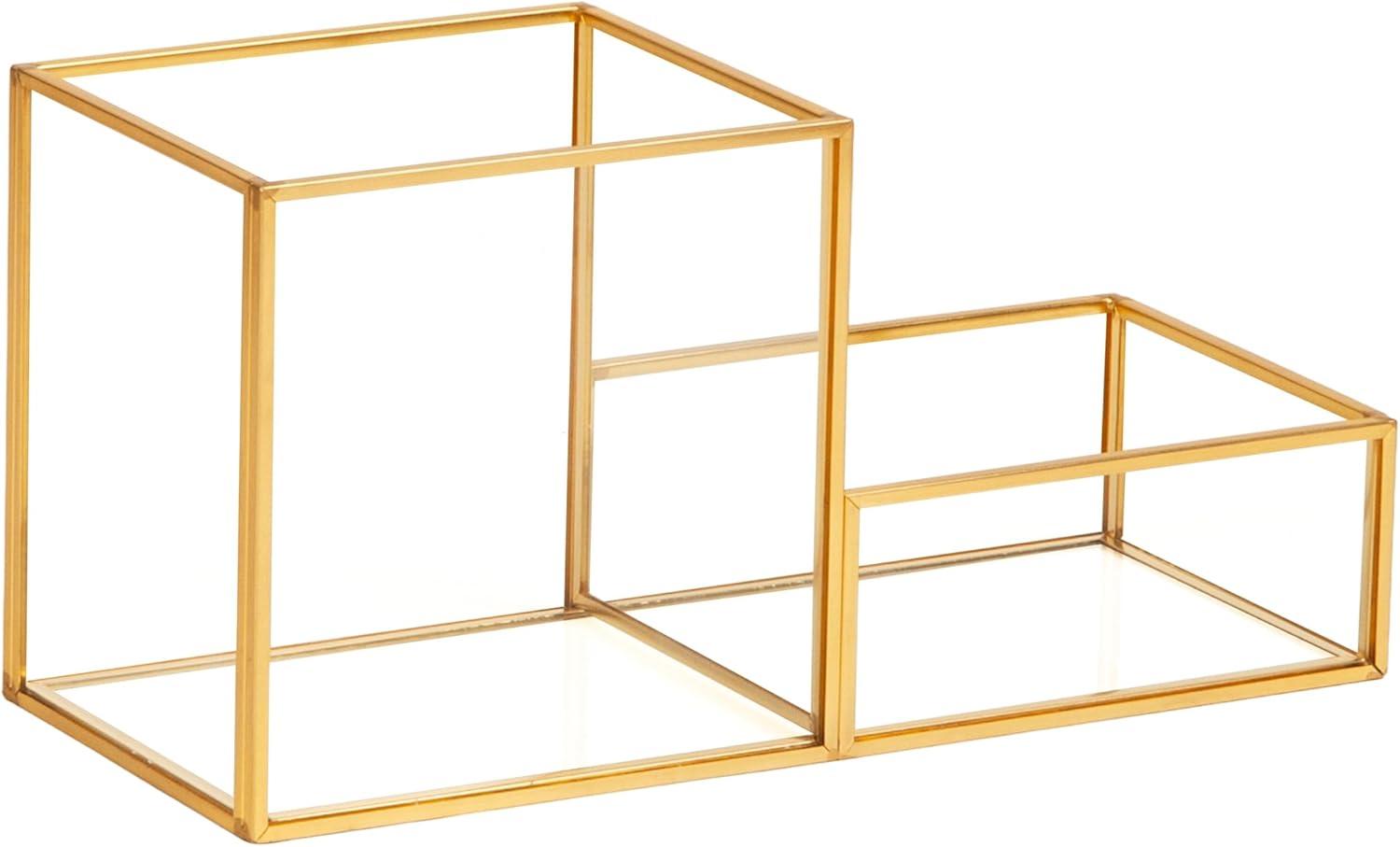 image:imageMind Reader 4Compartment Glass Desktop Organizer with Copper Trim Angled Design for Office Supplies Makeup amp Accessories Glass and Copper Clear95 x 39 x 47