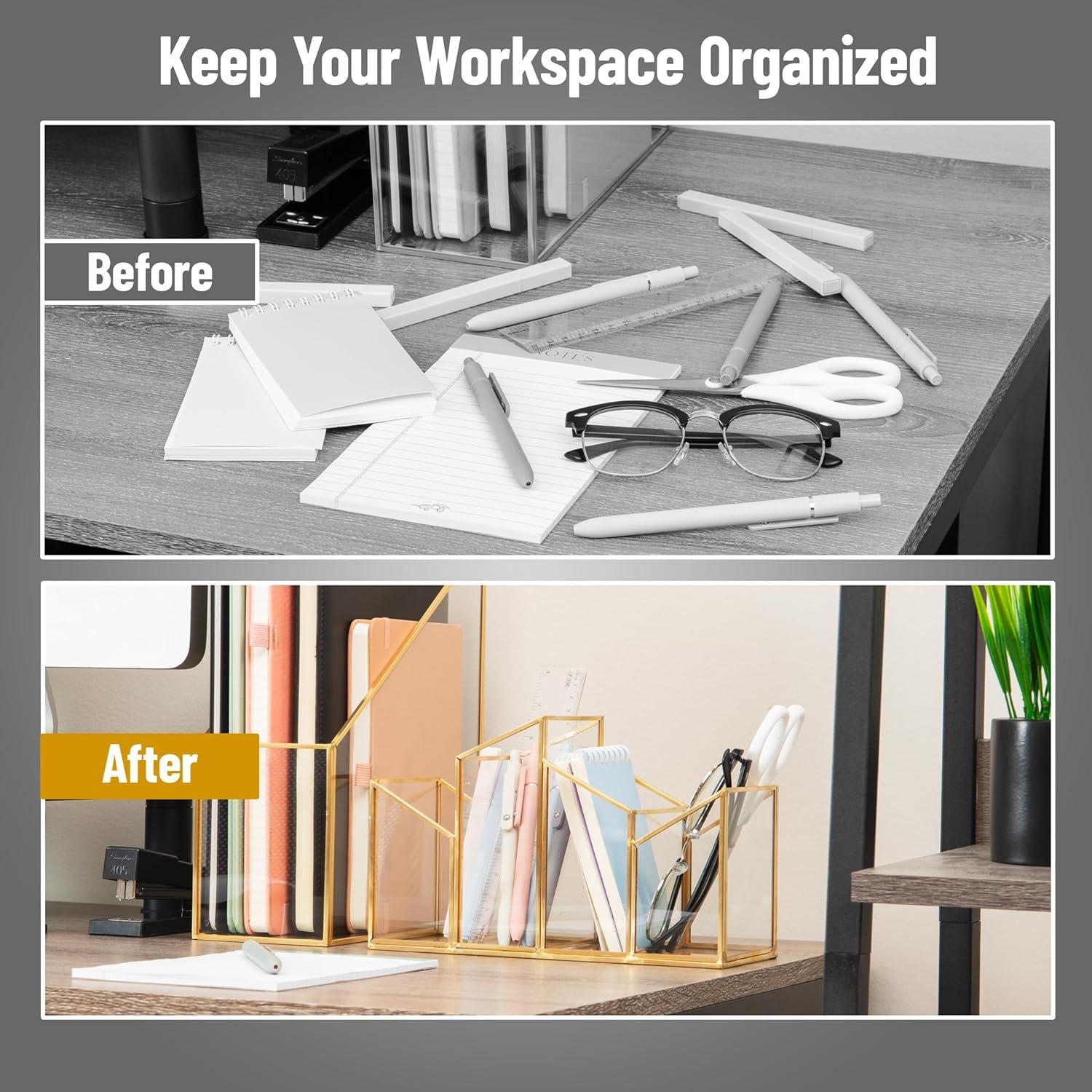 image:imageMind Reader 4Compartment Glass Desktop Organizer with Copper Trim Angled Design for Office Supplies Makeup amp Accessories Glass and Copper Clear95 x 39 x 59