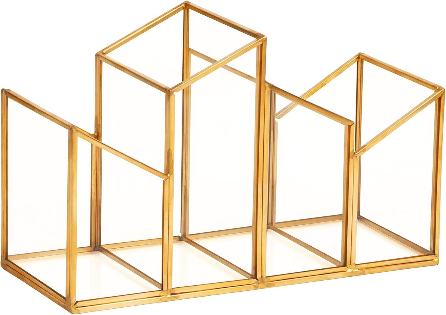 image:imageMind Reader 4Compartment Glass Desktop Organizer with Copper Trim Angled Design for Office Supplies Makeup amp Accessories Glass and Copper Clear95 x 39 x 59