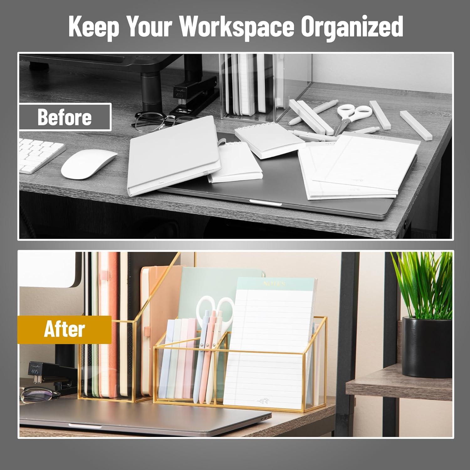 image:imageMind Reader 4Compartment Glass Desktop Organizer with Copper Trim Angled Design for Office Supplies Makeup amp Accessories Glass and Copper Clear98 x 39 x 55