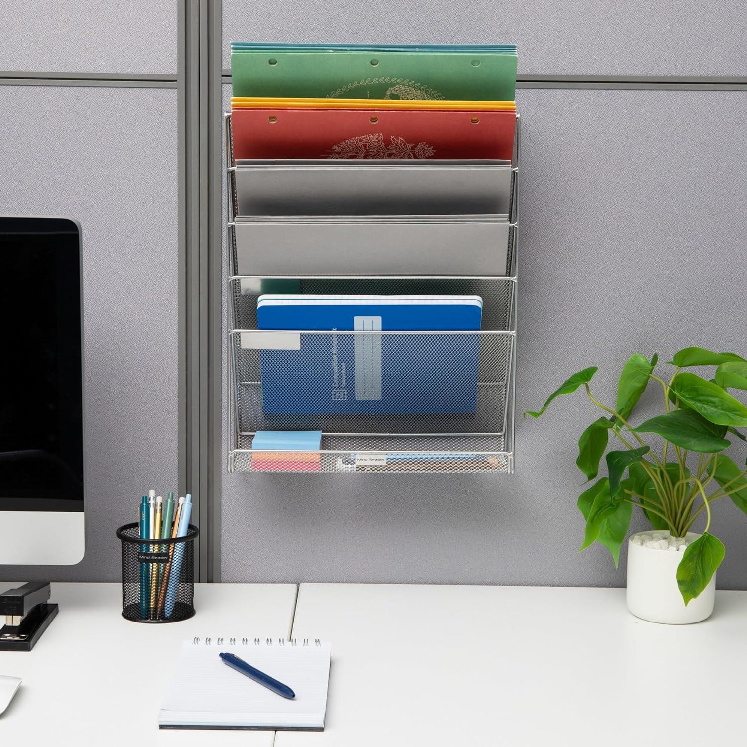 image:imageMind Reader 5Pocket Vertical File Storage Desktop Organizer Wall Mount Office Metal Mesh BlackSilver