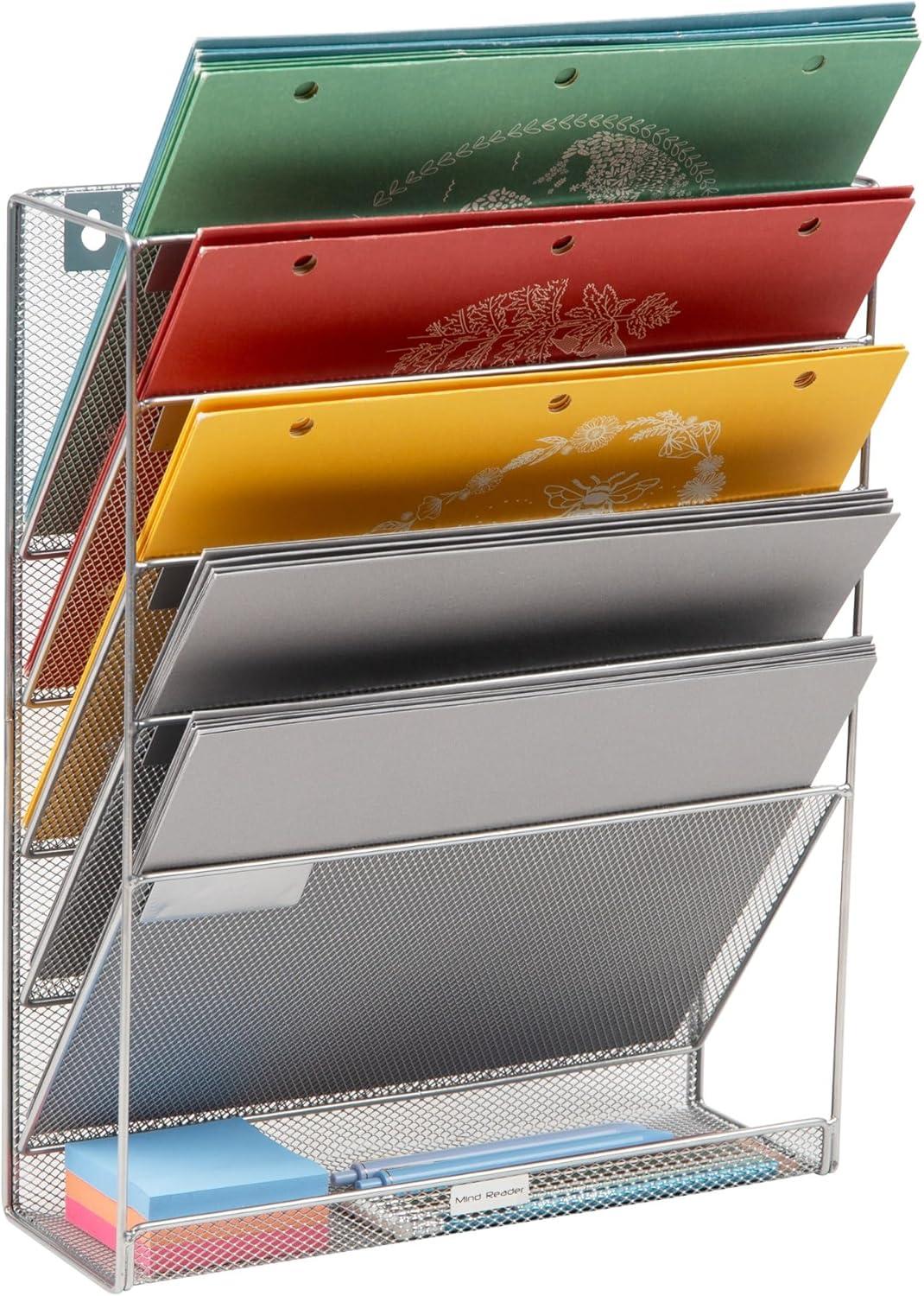 image:imageMind Reader 5Pocket Vertical File Storage Desktop Organizer Wall Mount Office Metal Mesh BlackSilver