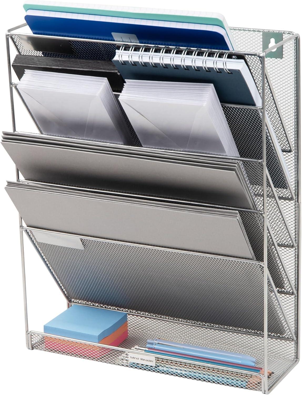 image:imageMind Reader 5Pocket Vertical File Storage Desktop Organizer Wall Mount Office Metal Mesh BlackSilver