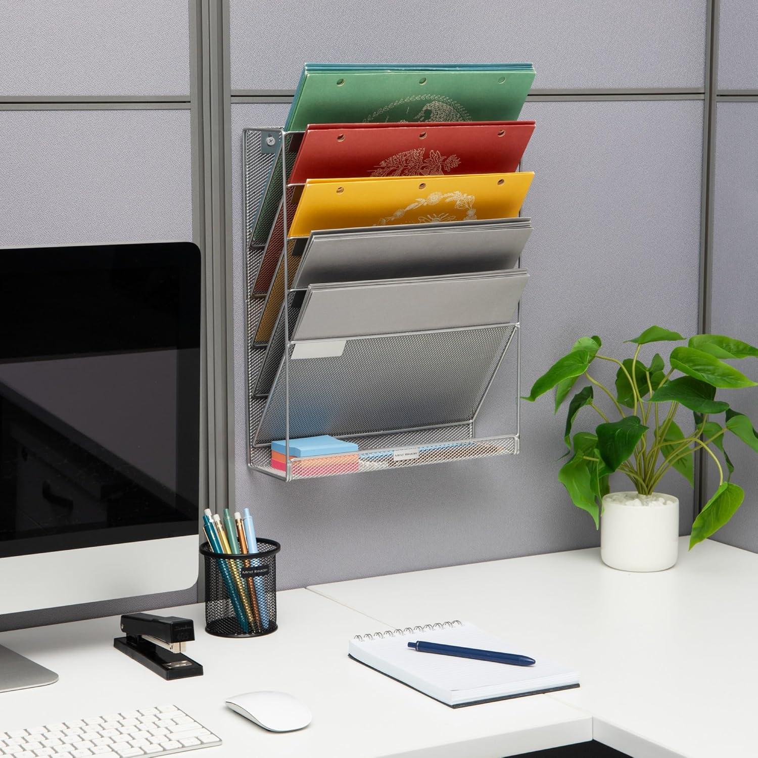 image:imageMind Reader 5Pocket Vertical File Storage Desktop Organizer Wall Mount Office Metal Mesh BlackSilver