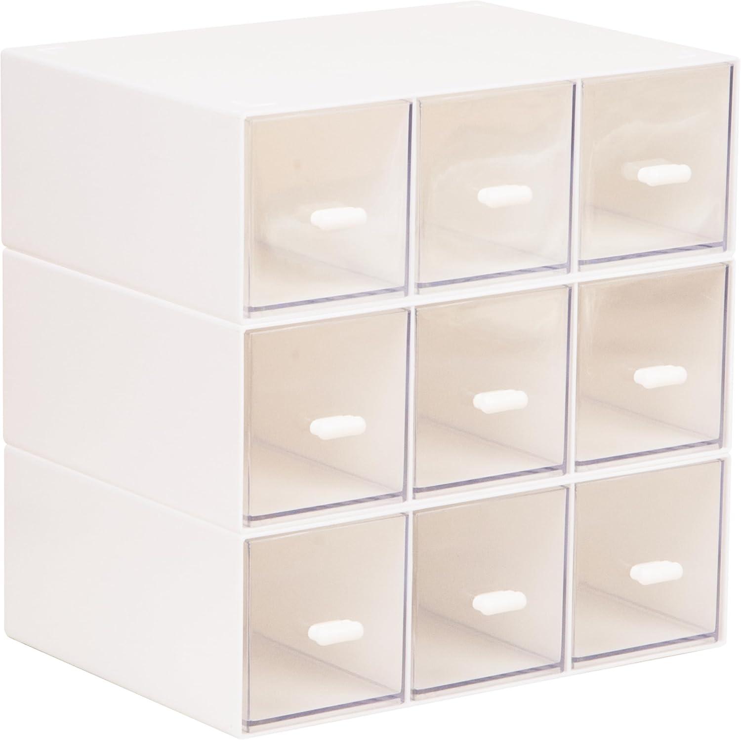 image:imageMind Reader Modular Craft Organizer 9 Clear Drawer Desktop Storage Stackable Interlocking Units for Art Supplies Office and Hobby Storage Plastic Set of 3 White