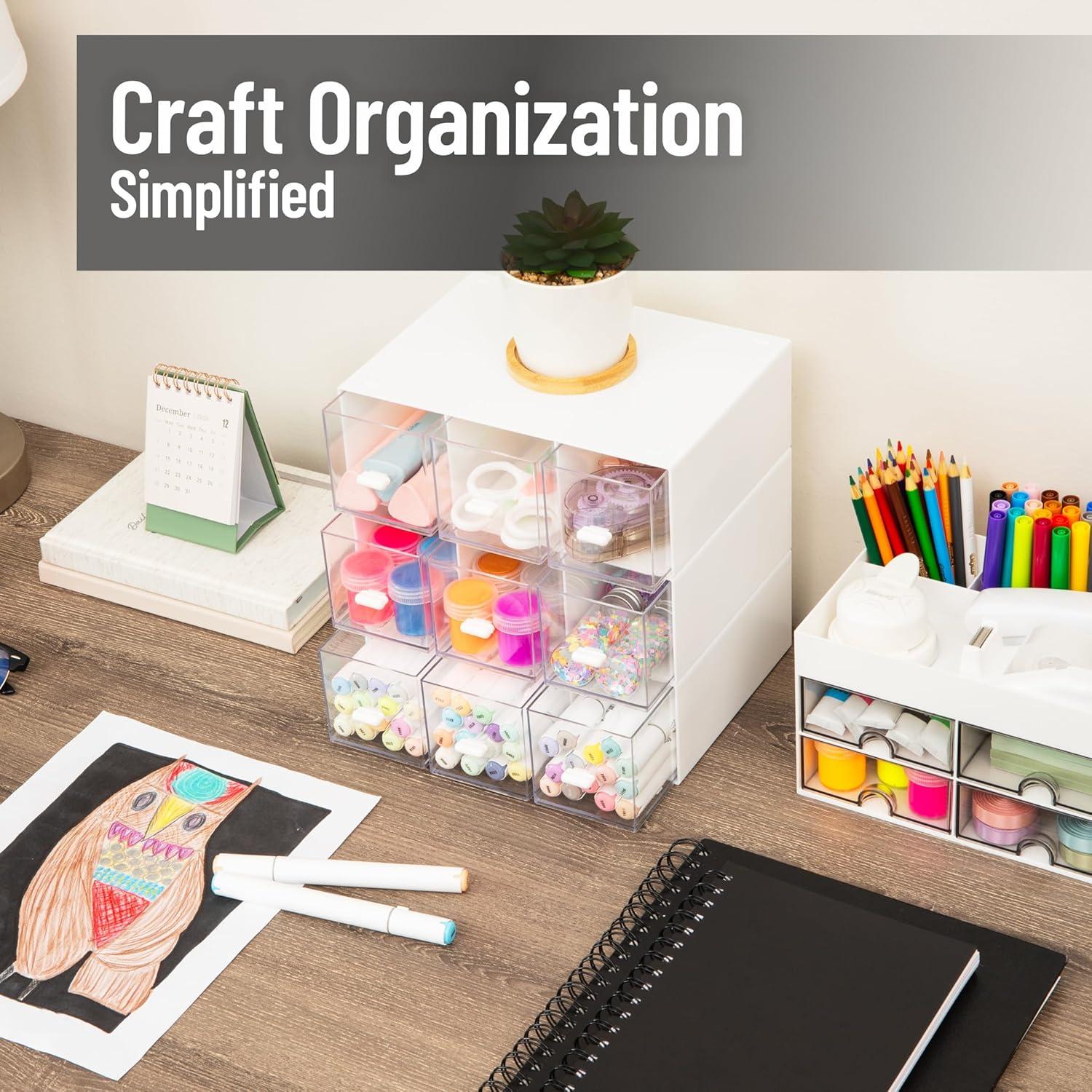 image:imageMind Reader Modular Craft Organizer 9 Clear Drawer Desktop Storage Stackable Interlocking Units for Art Supplies Office and Hobby Storage Plastic Set of 3 White