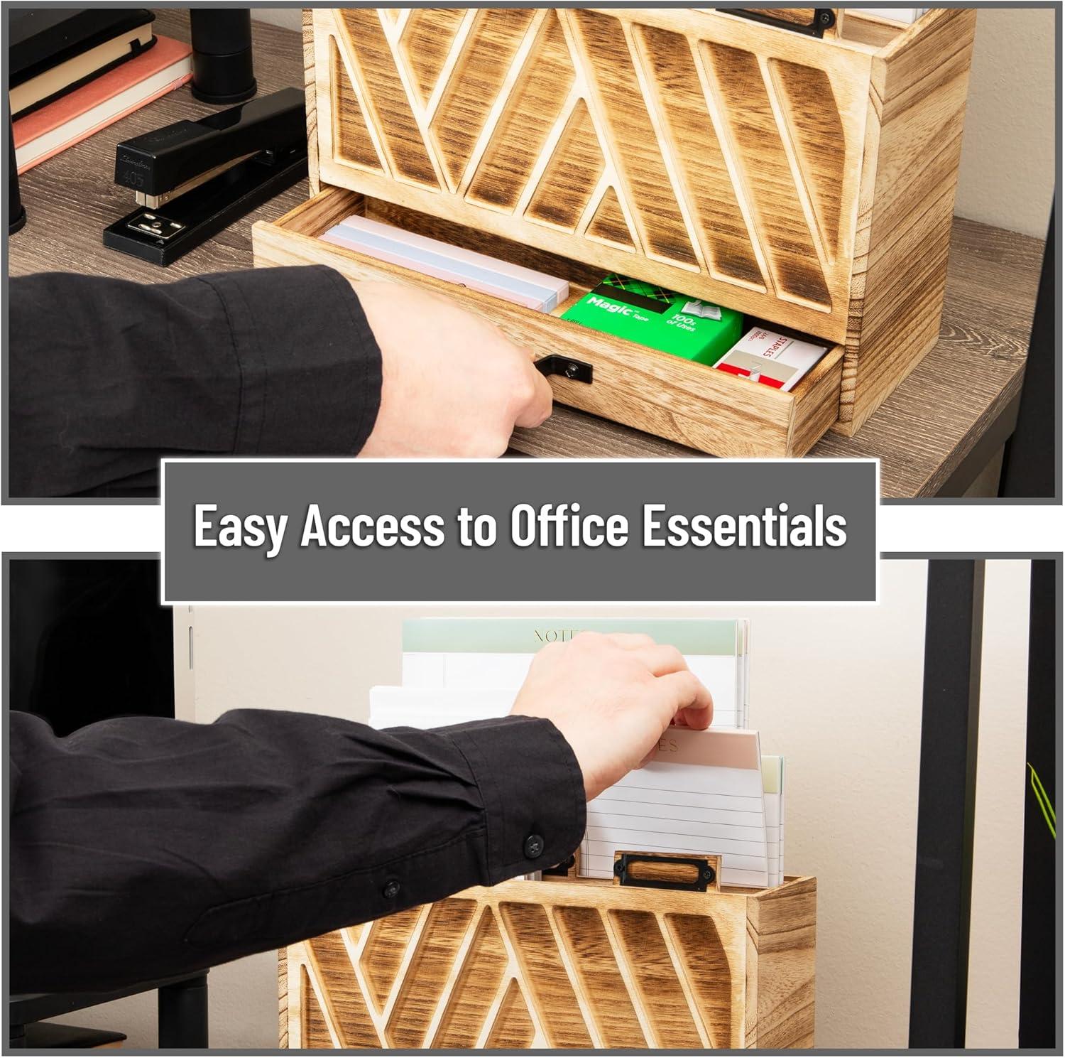 image:imageMind Reader Natural Wood Desktop Mail Organizer with Drawer 3Tier Letter Holder with Label Slots Office Desk Paper Sorter Brown