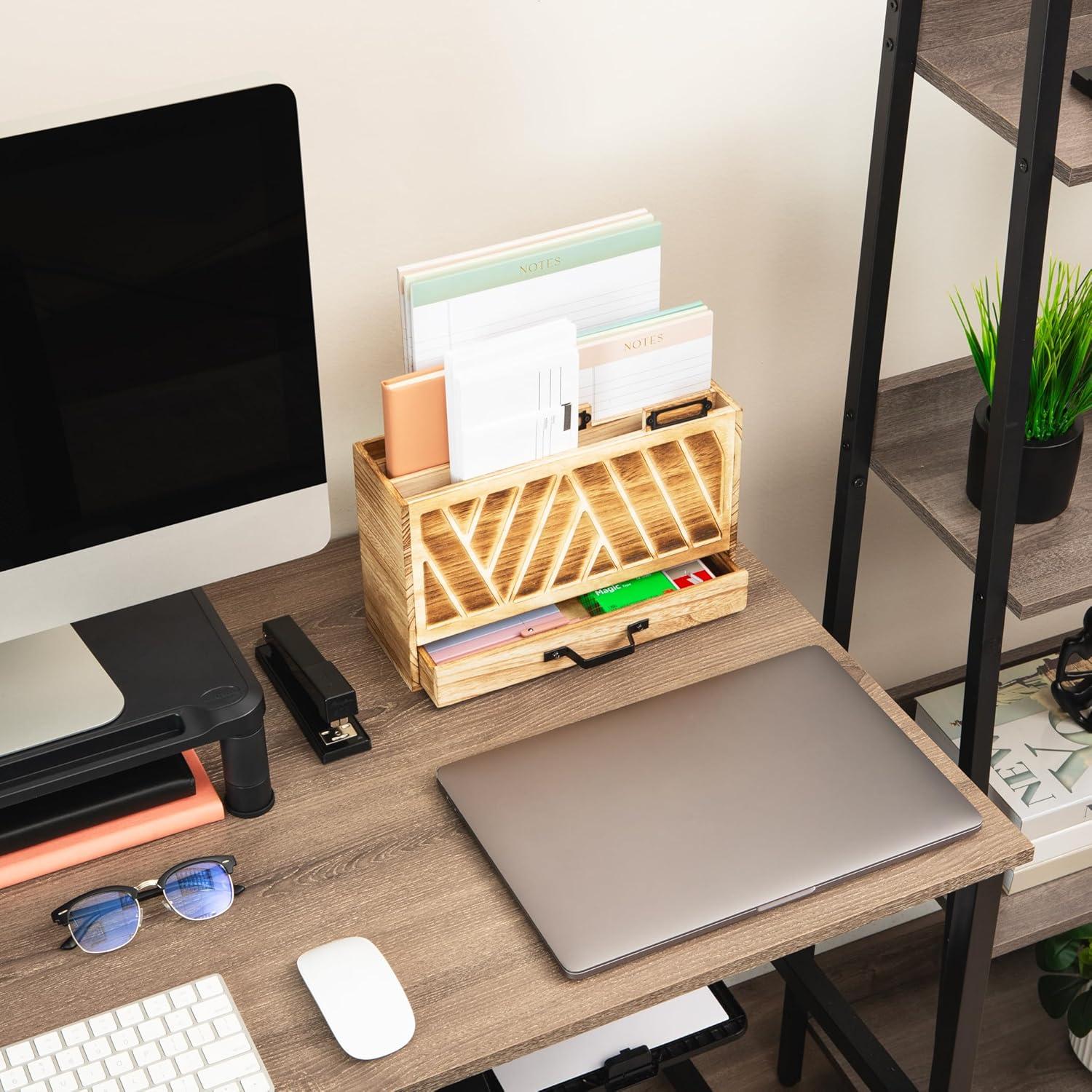 image:imageMind Reader Natural Wood Desktop Mail Organizer with Drawer 3Tier Letter Holder with Label Slots Office Desk Paper Sorter Brown