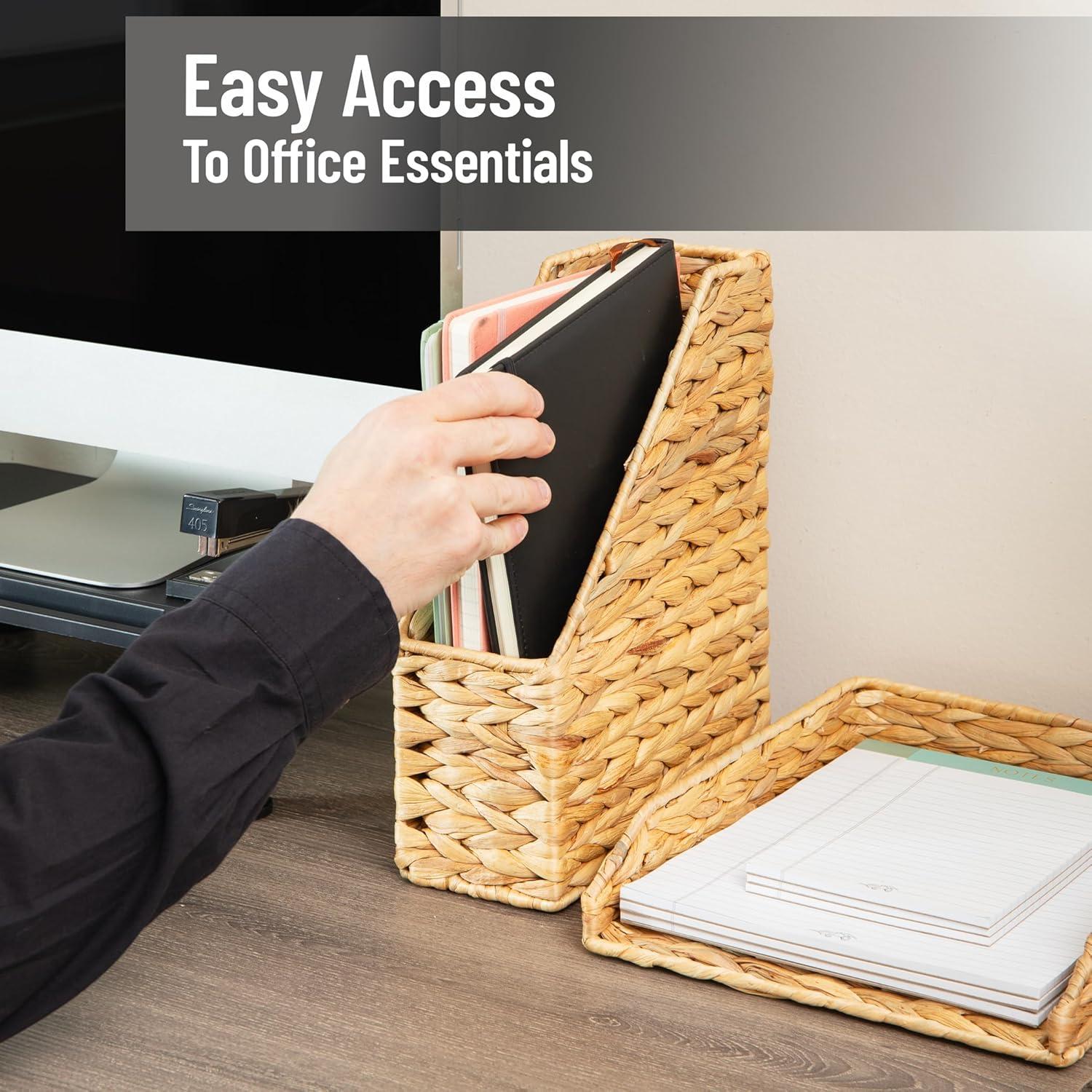image:imageMind Reader Rattan Vertical File Organizer with Iron Frame Desktop Organizer Holds Letter Size Documents Brown39 x 98 x 118