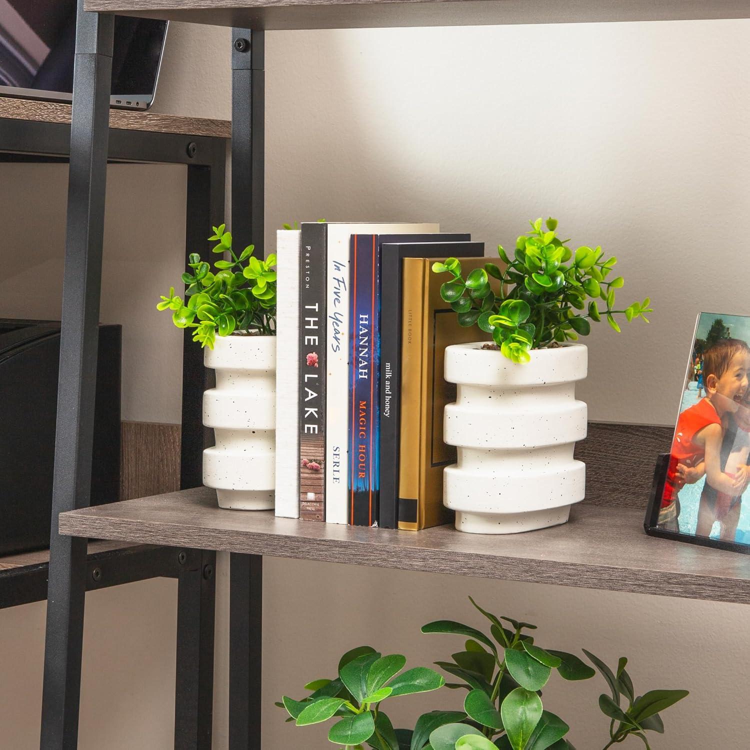 image:imageMind Reader Ribbed Cement Planter Bookends Faux Greenery for Shelves and Desk Decor Set of 2 White