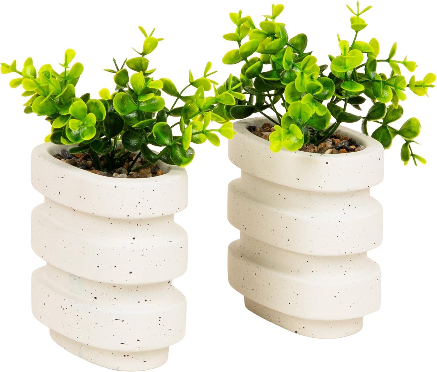 image:imageMind Reader Ribbed Cement Planter Bookends Faux Greenery for Shelves and Desk Decor Set of 2 White