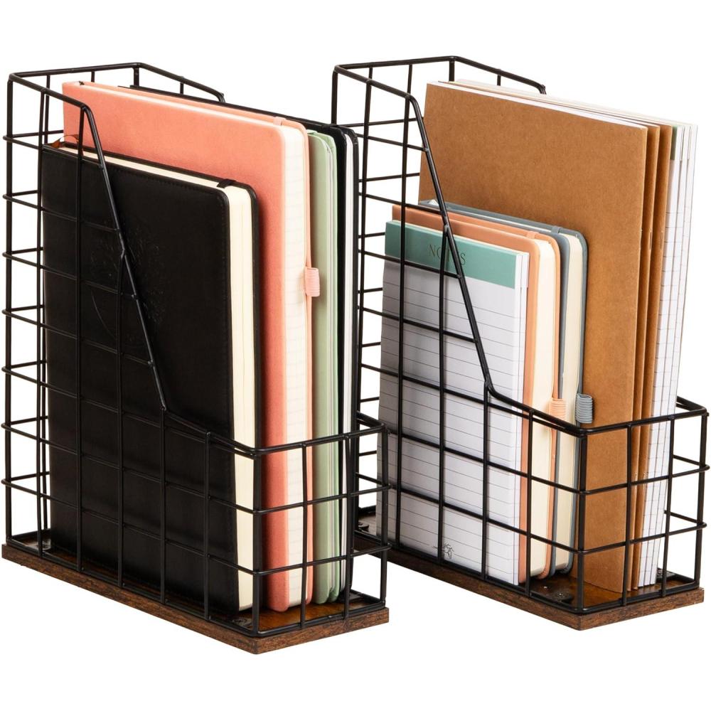 image:imageMind Reader 2Tier Rustic Letter Tray Organizer with Metal Frame Wood Base for Desk or Office Stackable Metal and Wood BlackVertical File Organizer