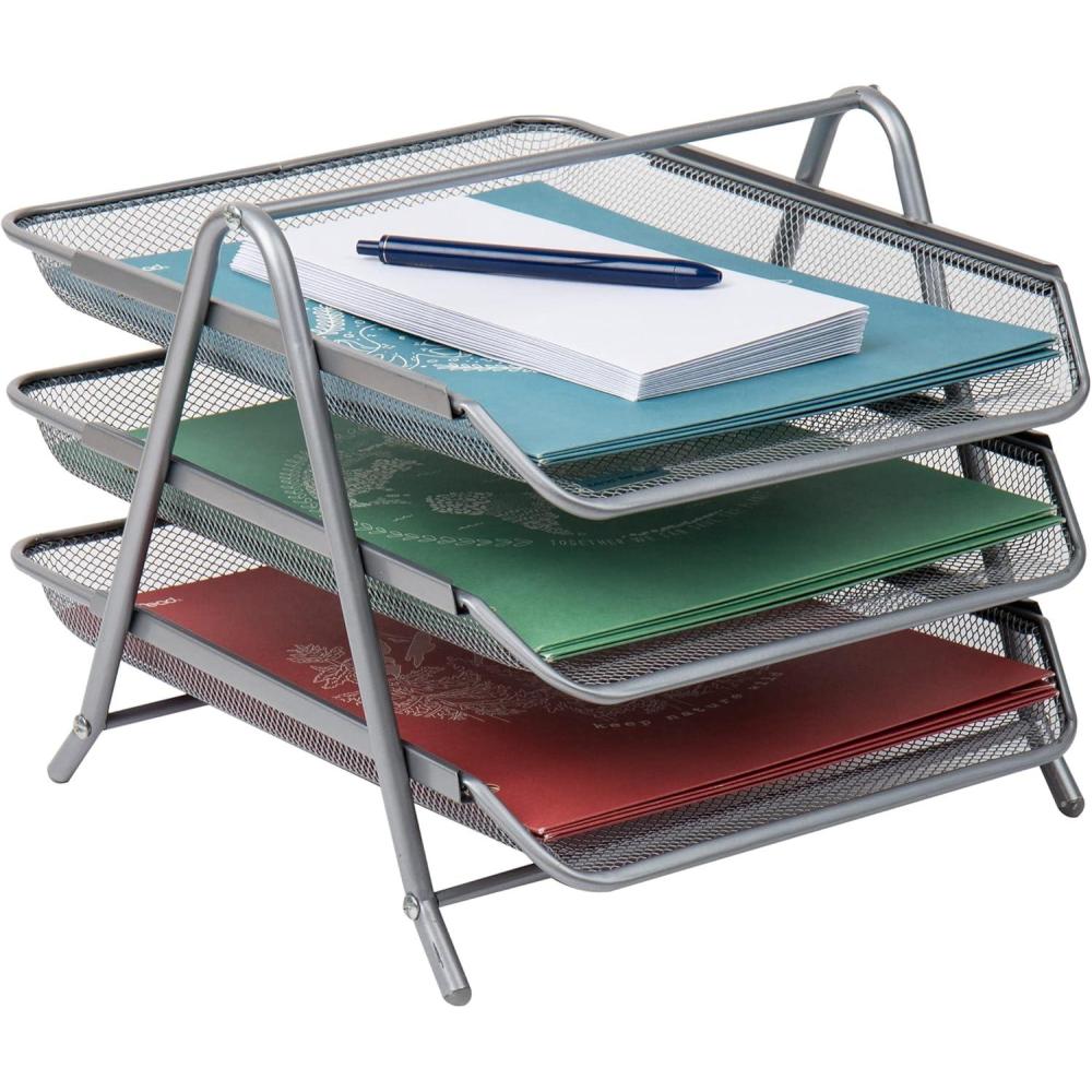image:imageMind Reader 3Tier Paper Tray Desktop Organizer File Storage Workspace Office Metal Mesh 1175L x 1375W x 10H BlackSilver