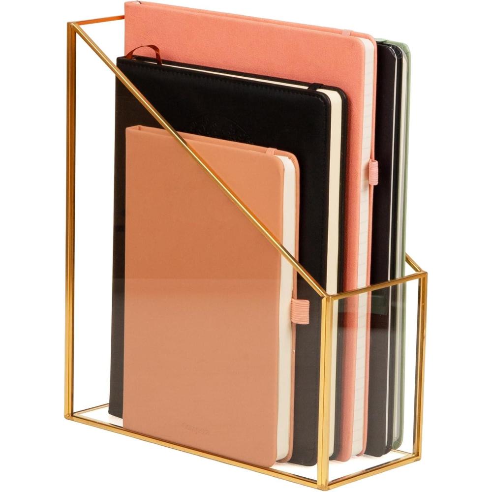 image:imageMind Reader 4Compartment Glass Desktop Organizer with Copper Trim Angled Design for Office Supplies Makeup amp Accessories Glass and Copper Clear39 x 95 x 11