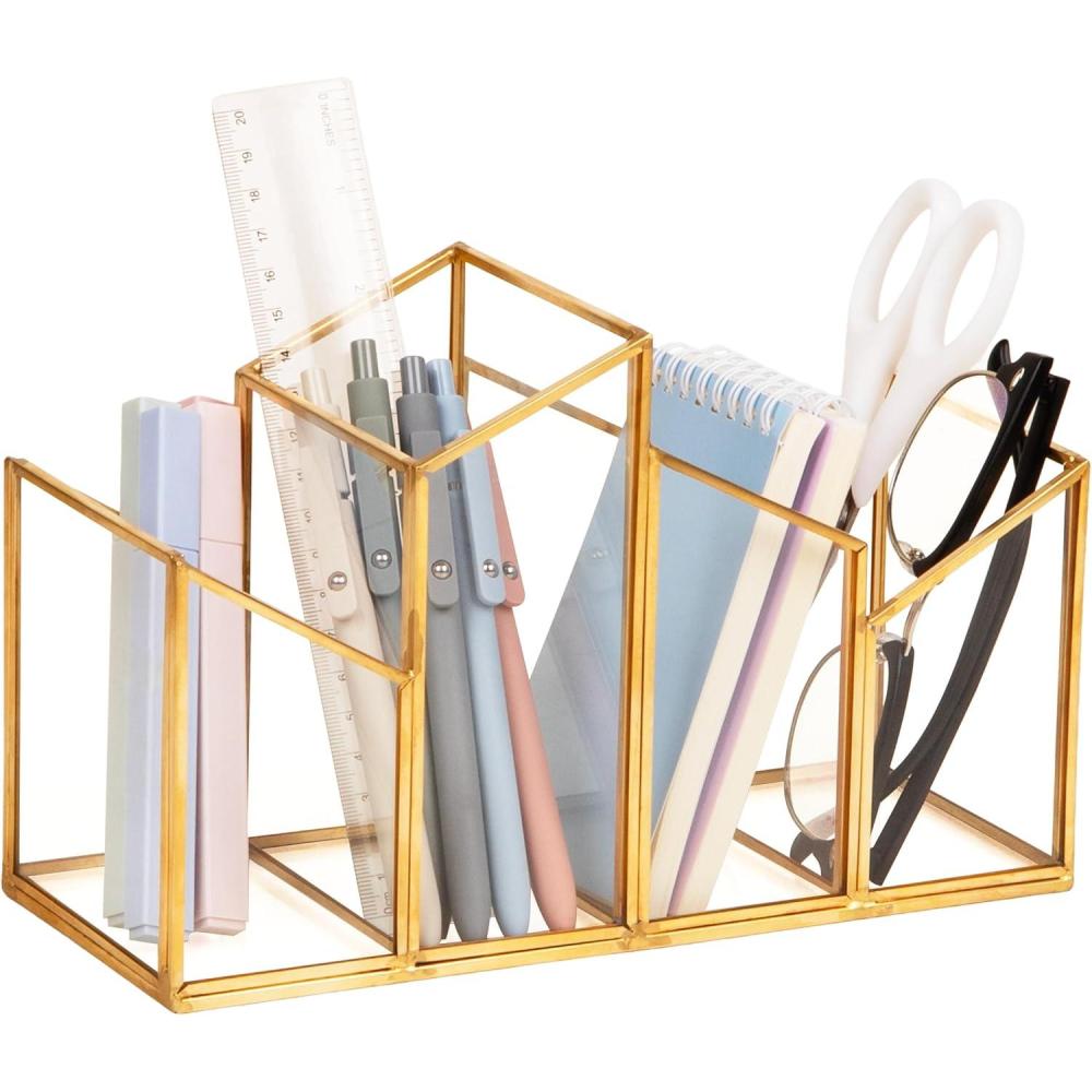 image:imageMind Reader 4Compartment Glass Desktop Organizer with Copper Trim Angled Design for Office Supplies Makeup amp Accessories Glass and Copper Clear95 x 39 x 59