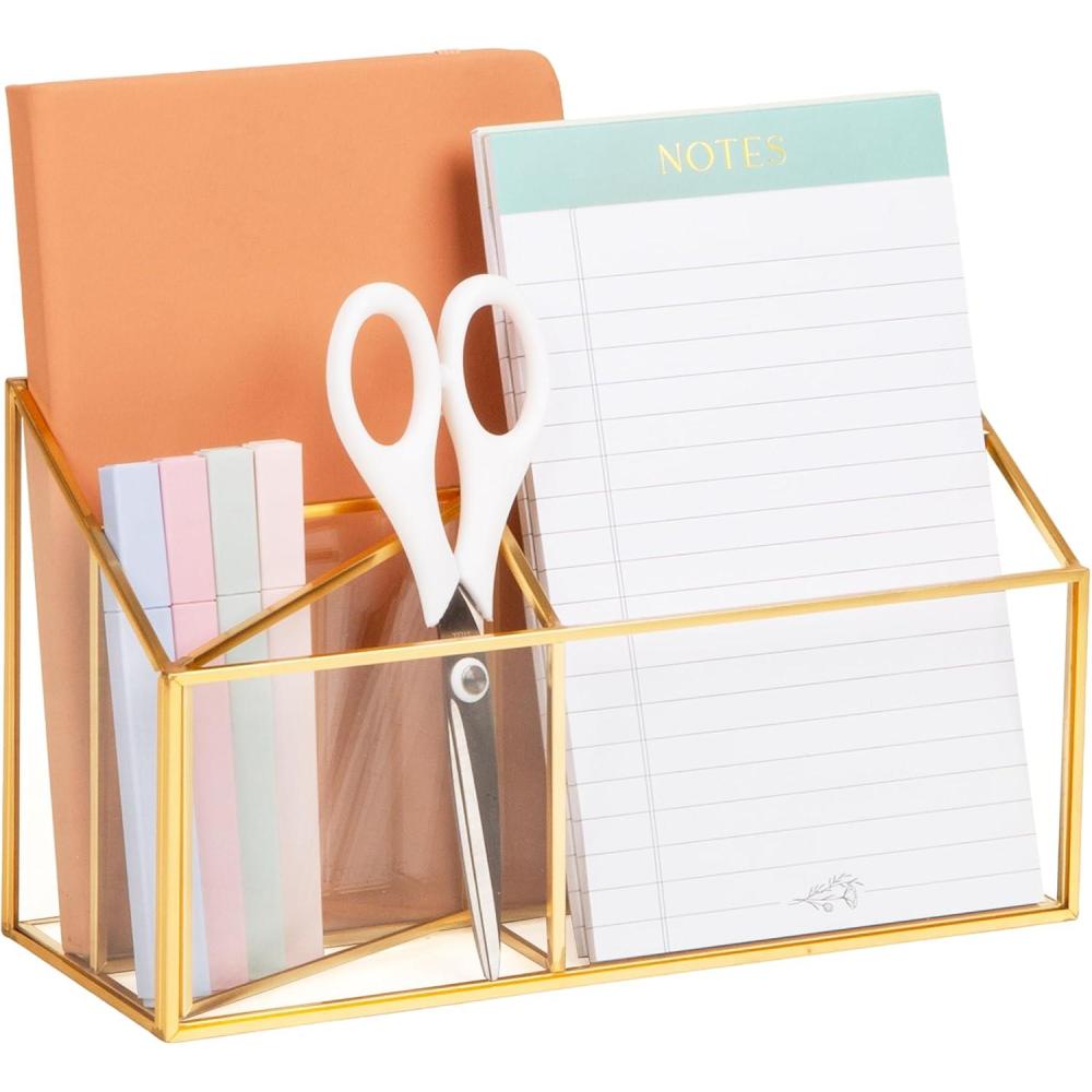 image:imageMind Reader 4Compartment Glass Desktop Organizer with Copper Trim Angled Design for Office Supplies Makeup amp Accessories Glass and Copper Clear98 x 39 x 55