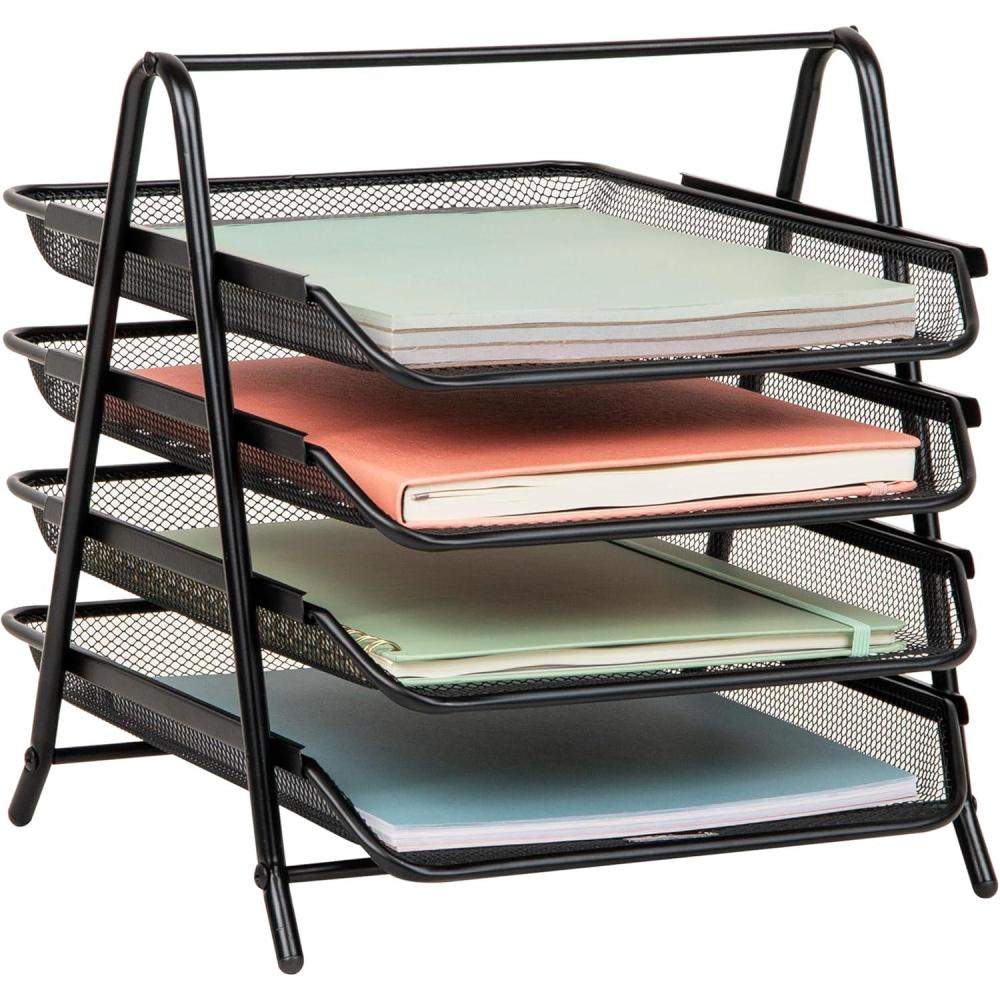 image:imageMind Reader 4Tier Paper Tray Desktop Organizer File Storage Workspace Office Metal Mesh 12L x 1375W x 125H BlackBlack