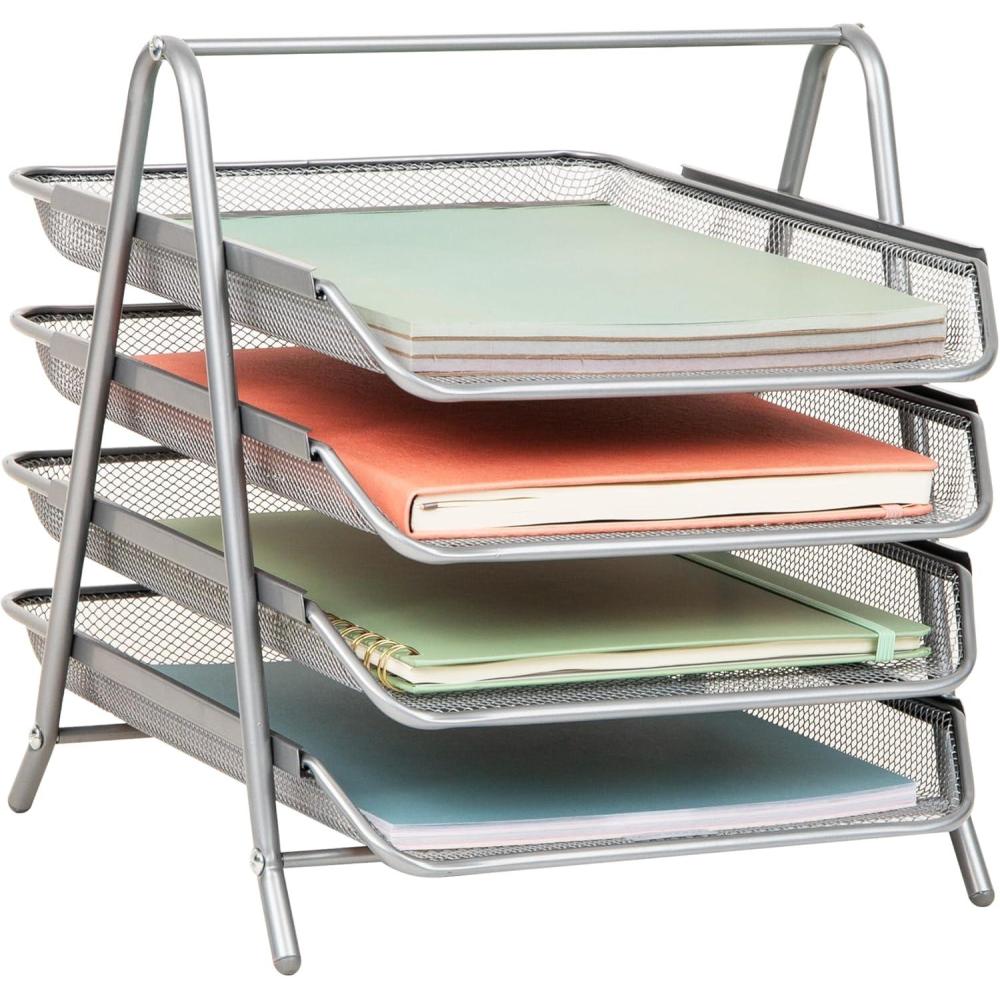 image:imageMind Reader 4Tier Paper Tray Desktop Organizer File Storage Workspace Office Metal Mesh 12L x 1375W x 125H BlackSilver
